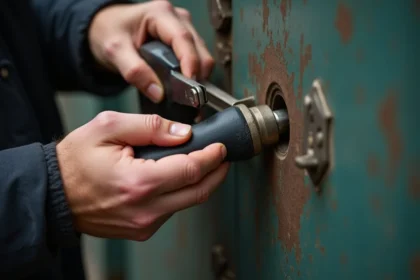 Serrurier utilisant différentes techniques pour ouvrir une porte bloquée