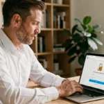 Homme accédant à une nouvelle adresse officielle sécurisée sur son ordinateur portable en 2026