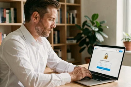 Homme accédant à une nouvelle adresse officielle sécurisée sur son ordinateur portable en 2026