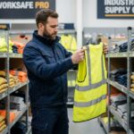 Manager de chantier examinant des vêtements de travail haute visibilité dans un magasin spécialisé en équipements professionnels