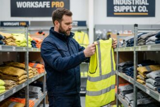 Manager de chantier examinant des vêtements de travail haute visibilité dans un magasin spécialisé en équipements professionnels