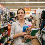 Femme faisant ses achats de fournitures scolaires en urgence dans un grand magasin avant la rentrée