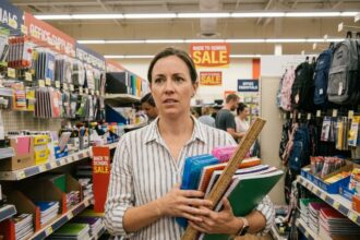 Femme faisant ses achats de fournitures scolaires en urgence dans un grand magasin avant la rentrée