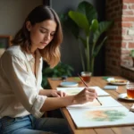 Femme adulte faisant de l'aquarelle à la maison comme activité créative relaxante après le travail