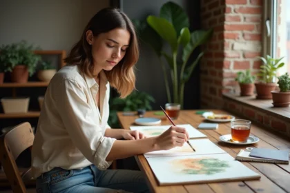 Femme adulte faisant de l'aquarelle à la maison comme activité créative relaxante après le travail