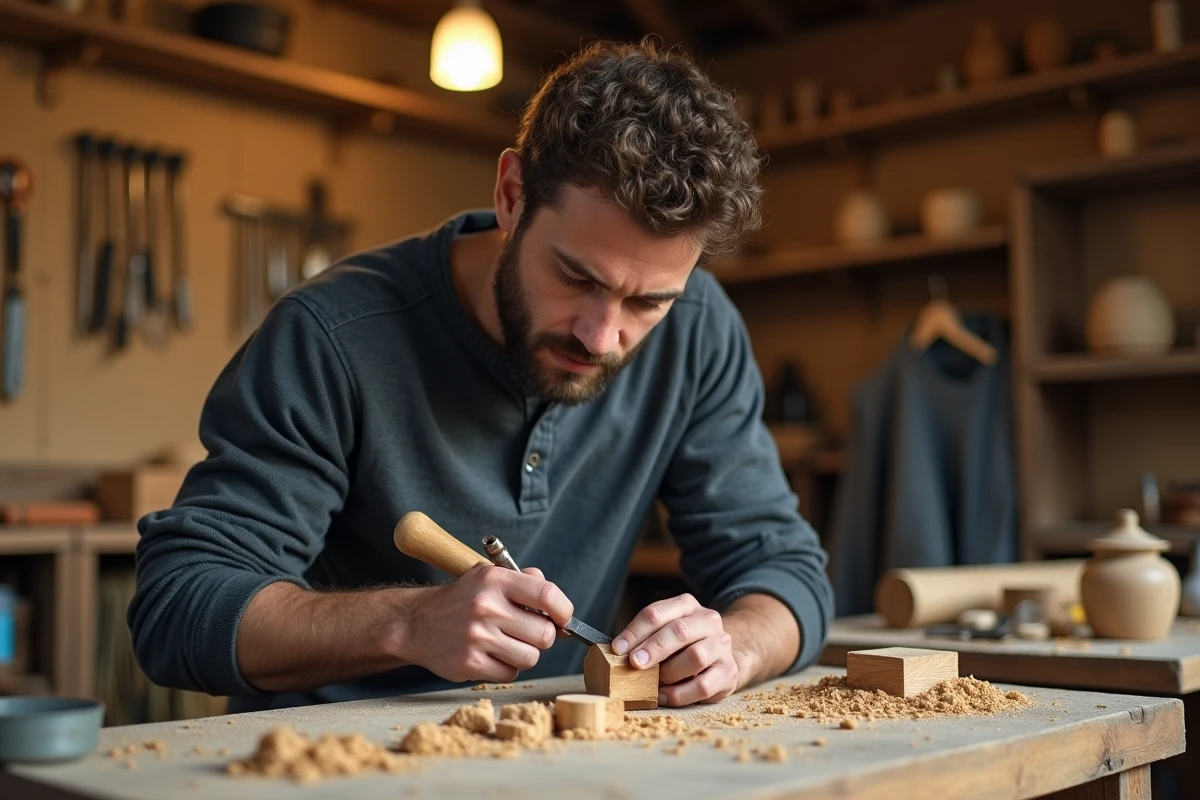 Homme adulte pratiquant la sculpture sur bois dans un atelier artisanal comme loisir créatif après le travail