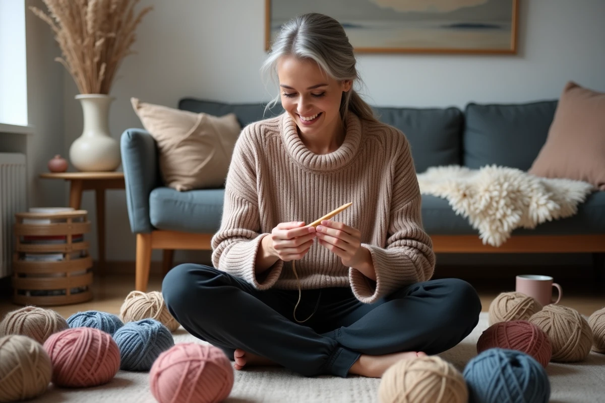Femme adulte tricotant dans un salon cosy comme activité créative et relaxante en soirée après le travail
