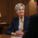 Actrice française accordant une interview télévisée, assise dans un studio de télévision classique avec une expression posée et sincère