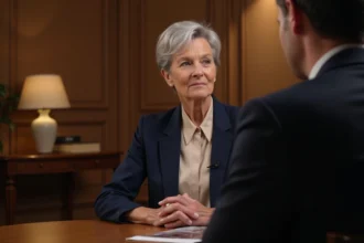 Actrice française accordant une interview télévisée, assise dans un studio de télévision classique avec une expression posée et sincère