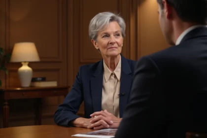 Actrice française accordant une interview télévisée, assise dans un studio de télévision classique avec une expression posée et sincère