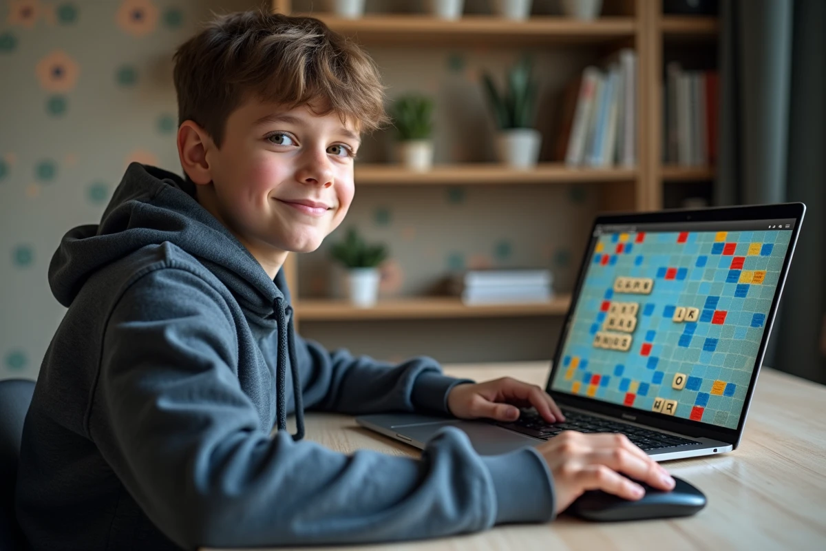 Adolescent jouant au Scrabble sur ordinateur portable