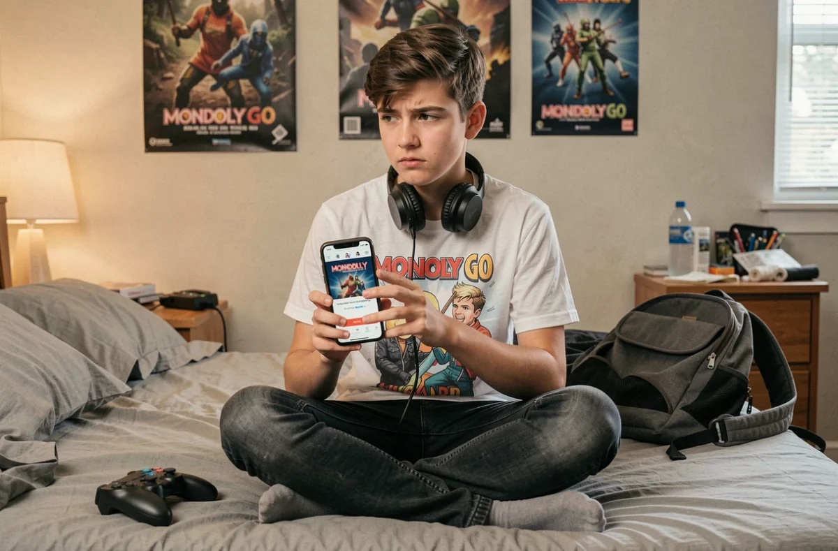 Adolescent méfiant face à un faux lien de récompense Monopoly GO sur smartphone dans sa chambre