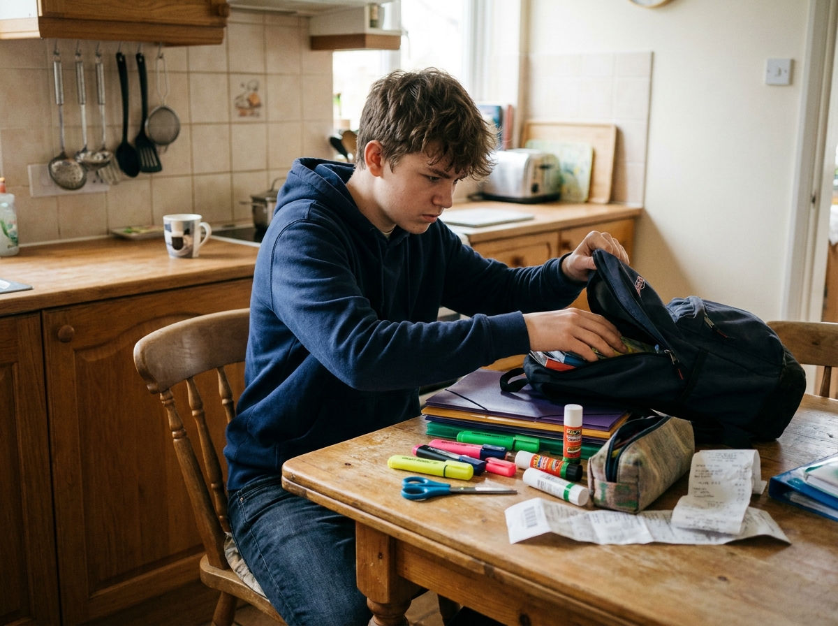 Adolescent qui prépare son cartable avec des fournitures scolaires achetées en dernière minute à la maison