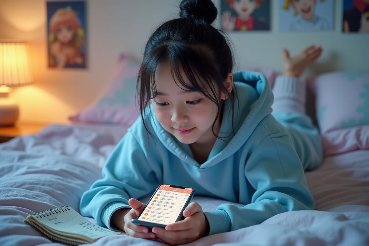 Adolescente prenant des notes pour organiser le suivi de plusieurs séries manga sur son smartphone dans sa chambre