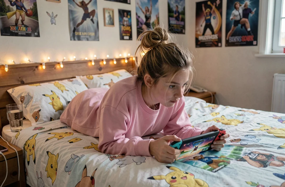 Adolescente allongée sur son lit jouant à Pokémon sur Nintendo Switch dans une chambre décorée de posters et guirlandes lumineuses