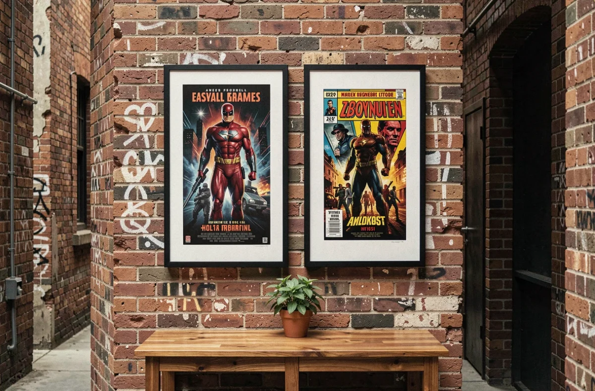 Deux affiches encadrées côte à côte sur un mur en brique, illustrant les différences visuelles entre Mary Jane au cinéma et dans les comics Spider-Man