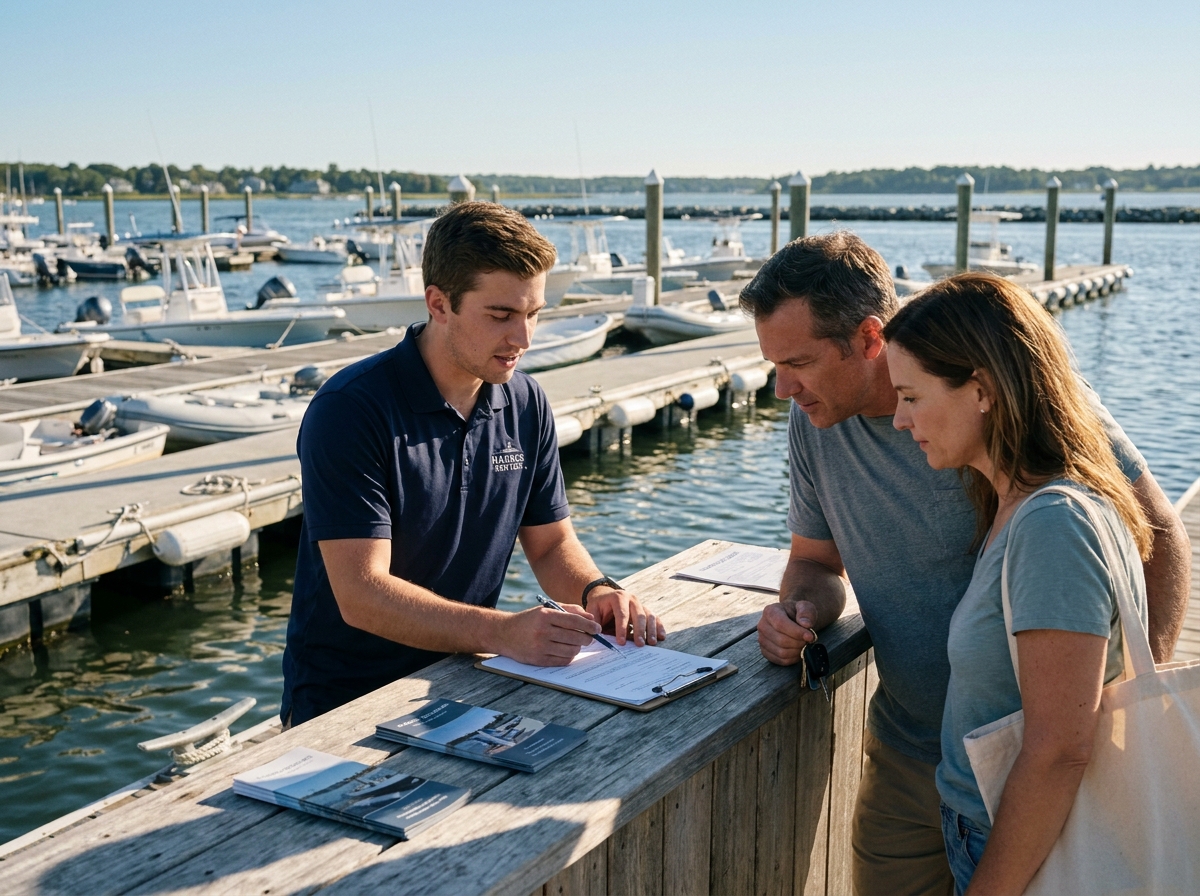 Agent de location expliquant les conditions de location d'un bateau sans permis à un couple dans une base nautique