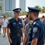 Officier de police calme parlant aux touristes à Cannes