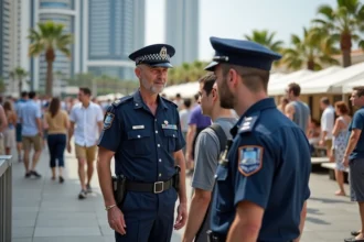 Officier de police calme parlant aux touristes à Cannes