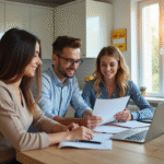 Agent immobilier et couple examinant documents maison