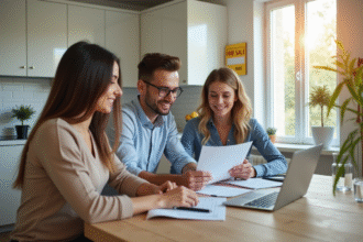 Agent immobilier et couple examinant documents maison