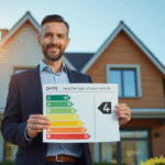 Agent immobilier tenant un graphique DPE devant une maison moderne