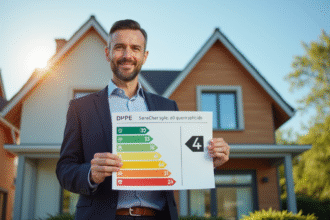 Agent immobilier tenant un graphique DPE devant une maison moderne