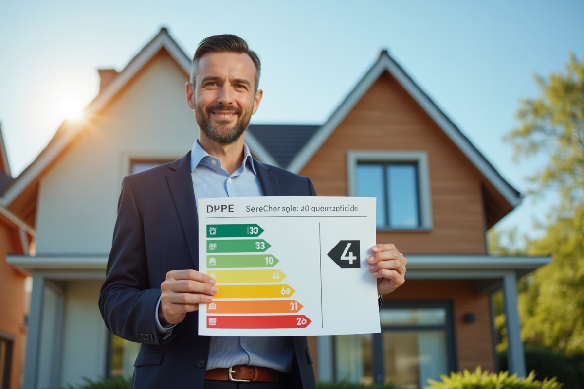Agent immobilier tenant un graphique DPE devant une maison moderne
