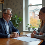 Agent immobilier en costume dans un salon moderne et lumineux
