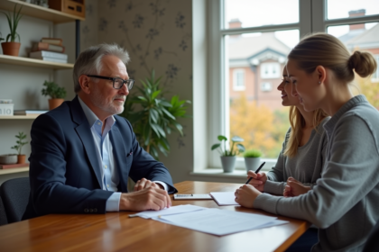 Agent immobilier en costume dans un salon moderne et lumineux