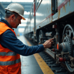 Agent de maintenance vérifiant une roue de train moderne dans un dépôt