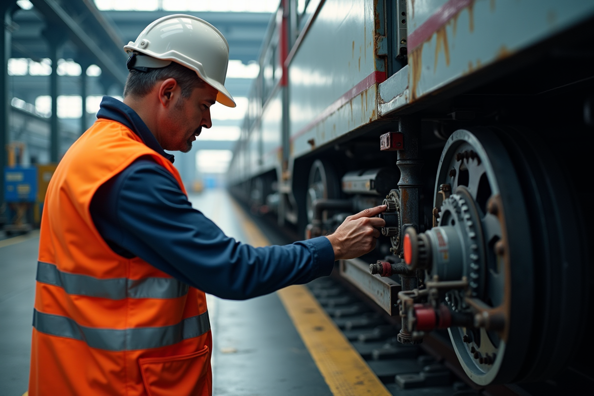 Agent de maintenance vérifiant une roue de train moderne dans un dépôt
