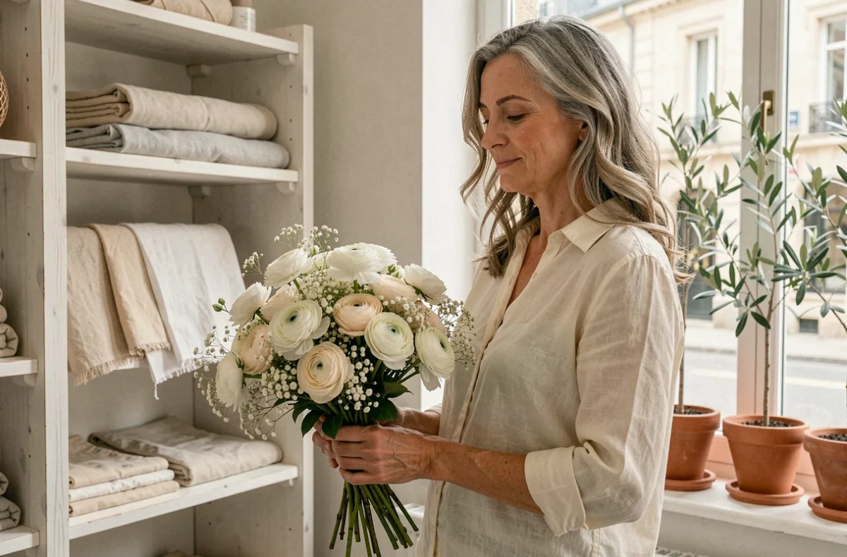 Fleuriste d'Aime Si enveloppant délicatement un bouquet de mariée minimaliste en blanc avec des renoncules et des roses dans une boutique à l'ambiance scandinave apaisante