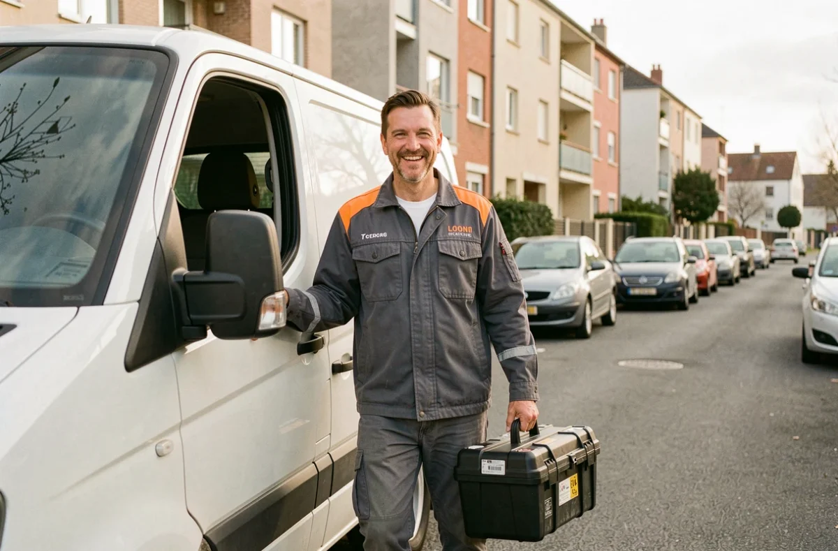 Électricien AMD Électricité disponible arrivant en van sur une rue résidentielle de Créteil