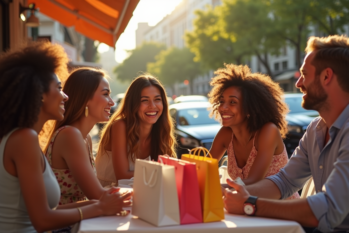 Amis riant dans un café en ville luxe en après-midi