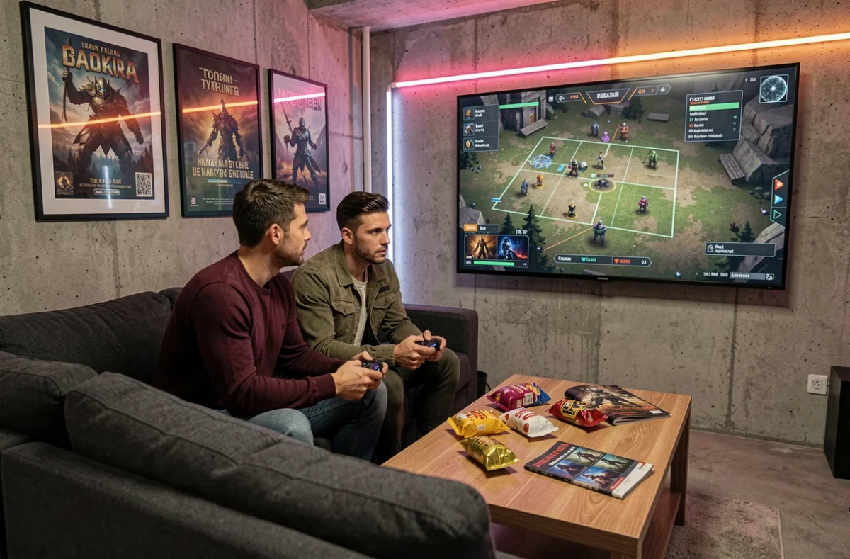 Deux amis jouant ensemble à un jeu tactique fantasy en cherchant à éviter les erreurs de placement lors d'une crise sanitaire dans une quête