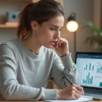 Femme analysant des données d'entreprise sur un site de veille commerciale depuis son bureau à domicile