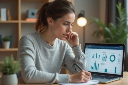 Femme analysant des données d'entreprise sur un site de veille commerciale depuis son bureau à domicile