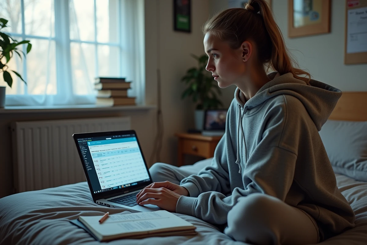 Jeune femme analysant ses heures de jeu sur League of Legends dans un tableau Excel sur son lit d'étudiante