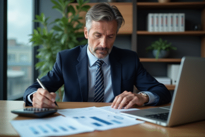 Analyste financier en costume dans un bureau moderne