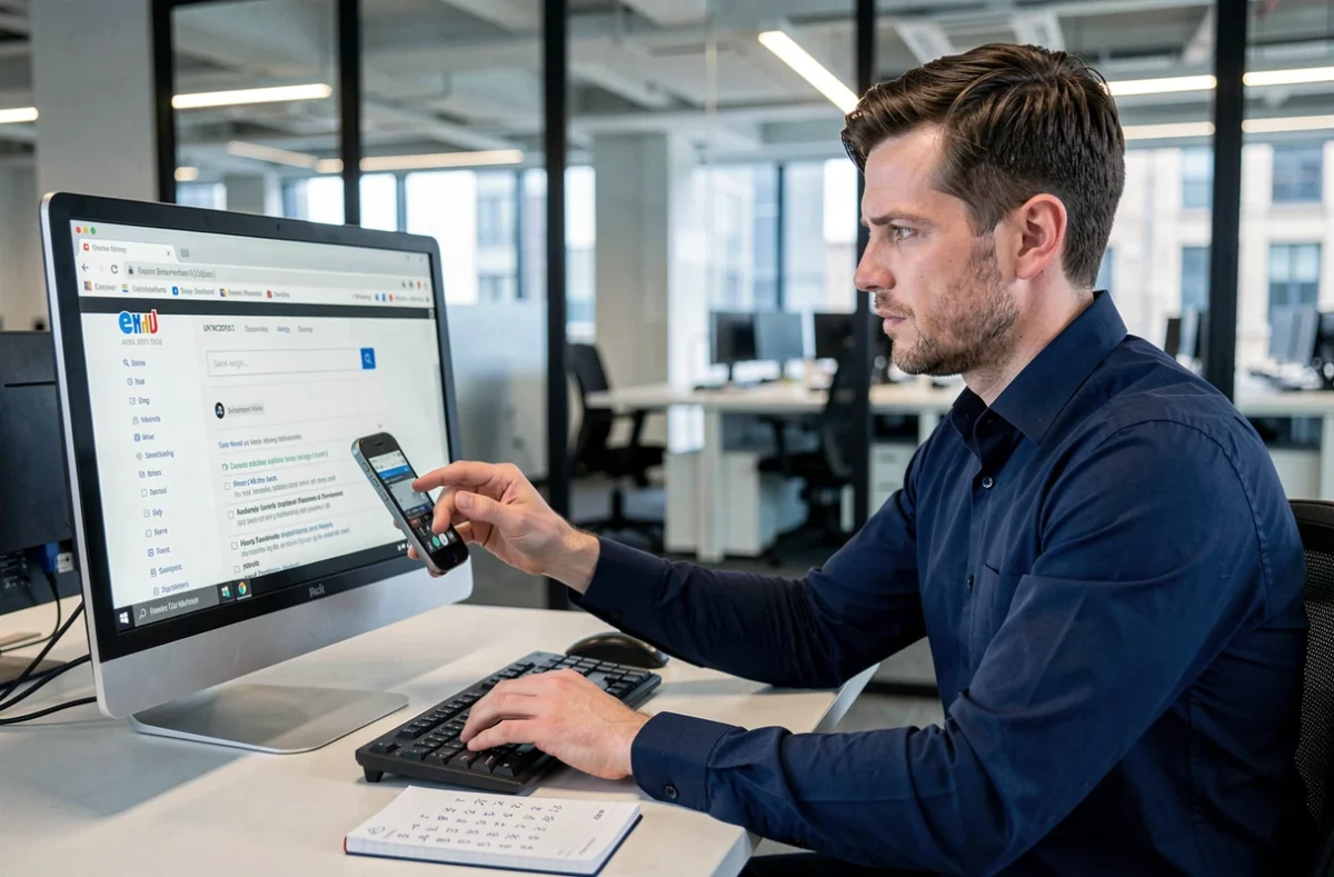 Homme recherchant un numéro de téléphone sur un annuaire inversé en ligne depuis son bureau professionnel