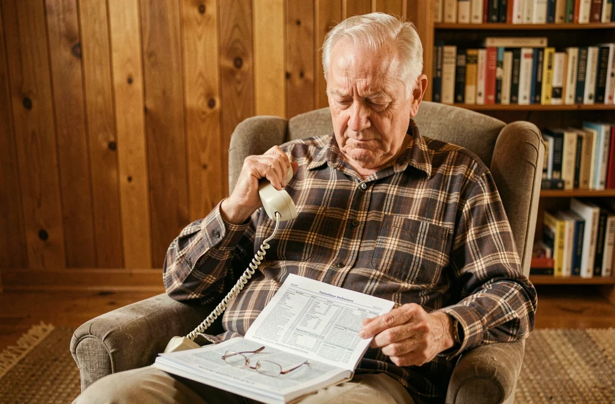 Homme âgé consultant un annuaire téléphonique papier à son domicile pour retrouver un numéro