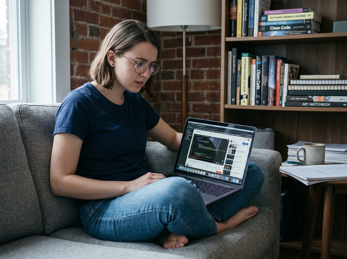 Jeune femme autodidacte apprenant à coder un jeu vidéo sur son ordinateur portable installée confortablement dans son salon