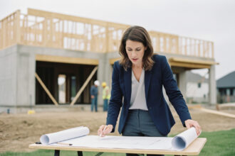 Architecte femme examinant des plans sur un chantier moderne