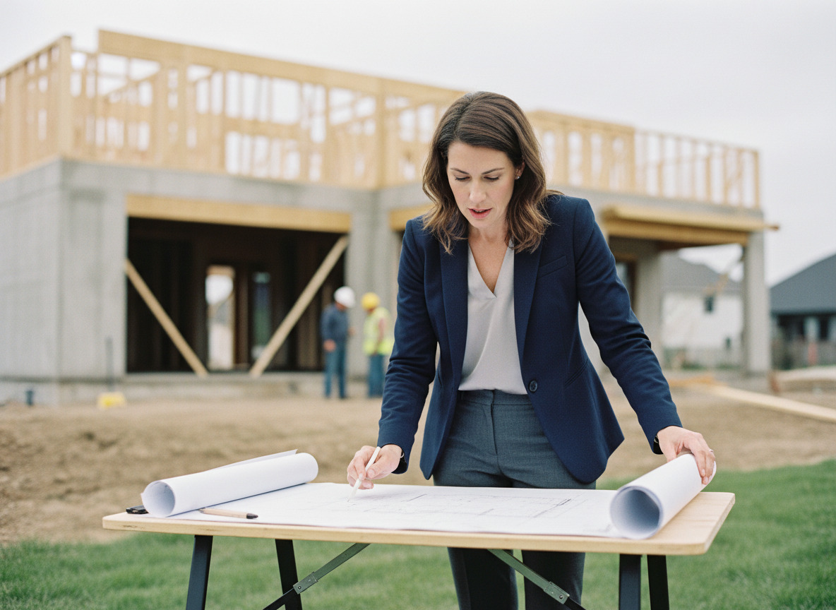 Architecte femme examinant des plans sur un chantier moderne