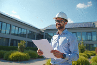 Architecte avec documents d energie devant un bâtiment moderne