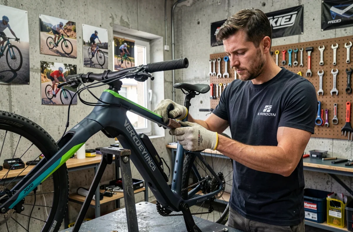 Mécanicien d'Arnaud Bike à Toulouse assemblant un vélo électrique sur un support d'atelier professionnel