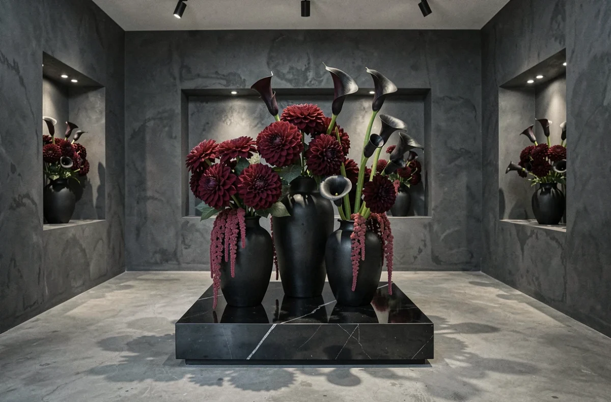 Installation florale artistique de L'Art ô Zoir avec des dahlias bordeaux et des callas noires dans des vases sculpturaux sur fond de murs en béton anthracite
