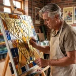 Artiste Art déco appliquant de la feuille d'or sur un vitrail géométrique dans son atelier