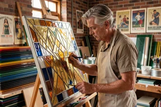 Artiste Art déco appliquant de la feuille d'or sur un vitrail géométrique dans son atelier